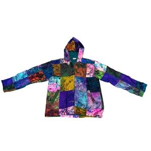 Himalayan Silk Wooden Button Up Hippie Tye Dye Patched Hooded Festival Jacket